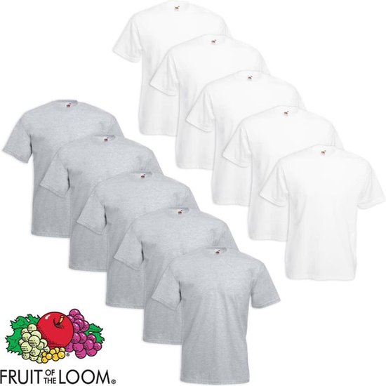 10 x Fruit of the Loom Grote maat Value Weight T-shirt wit en grijs 4XL