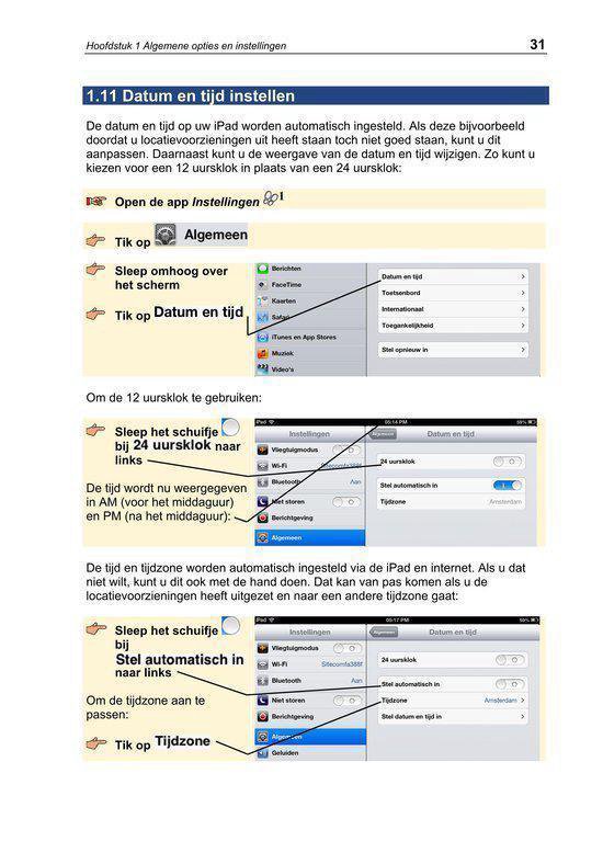 Pagina 31 uit 'Basisgids Tips en trucs voor de iPad' over instellen van datum en tijd op een iPad.