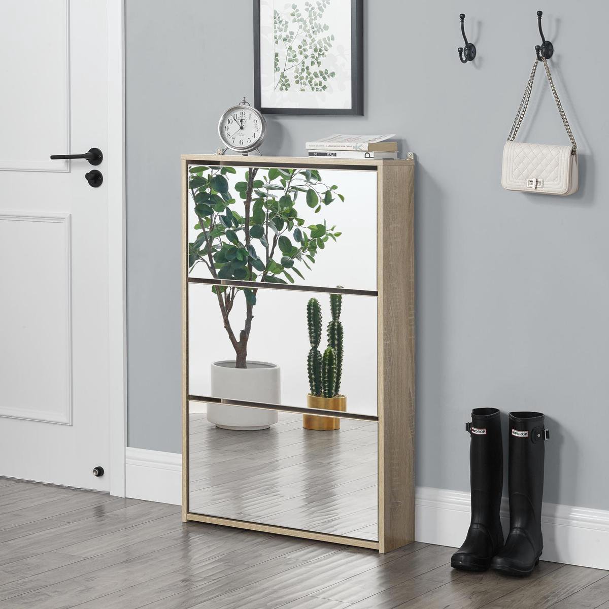 Schoenenkast met spiegels 3 vouwdeuren 102,5x63x17 cm wit