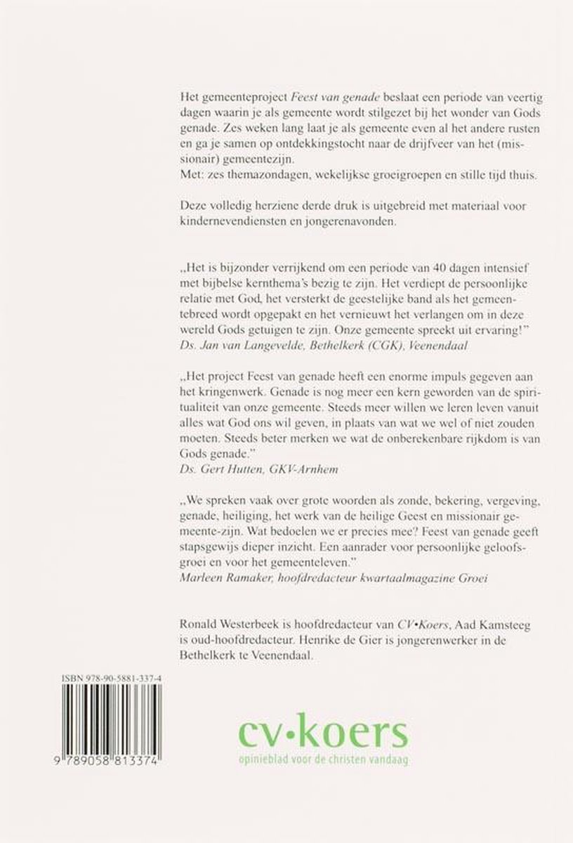 Achterkant van een boek met tekst over 'Feest van genade' en informatie over de auteurs.