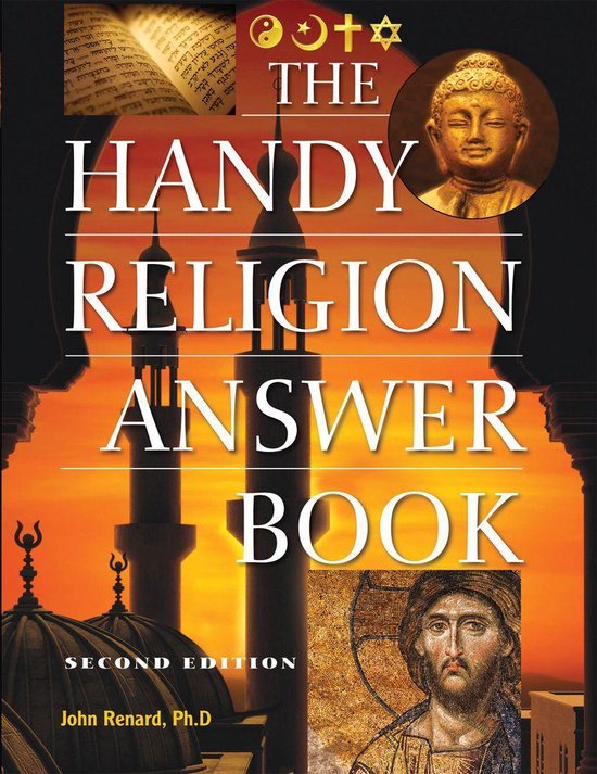La couverture de 'The Handy Religion Answer Book' présente un collage de symboles et d'images religieux, y compris des minarets, une tête de Bouddha et une icône de Jésus.