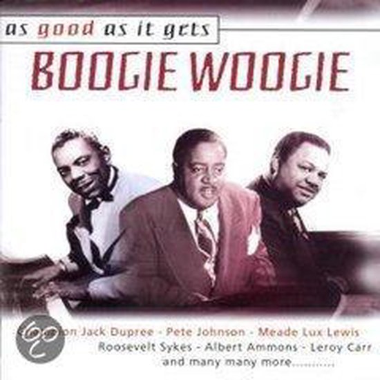 CD-hoes van 'As Good As It Gets Boogie Woogie' met drie jazzpianisten in pak voor een piano.