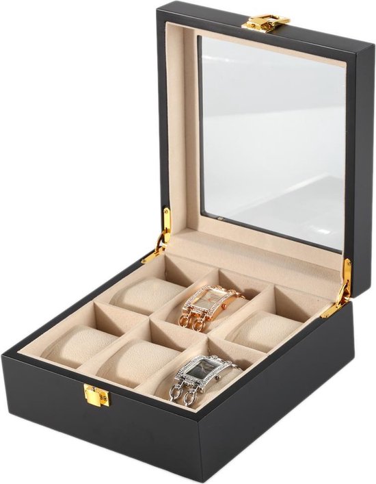 Luxe Horlogedoos - 6 compartimenten met kussentjes - Mannen en vrouwen horloges - zwart - IMPAQT