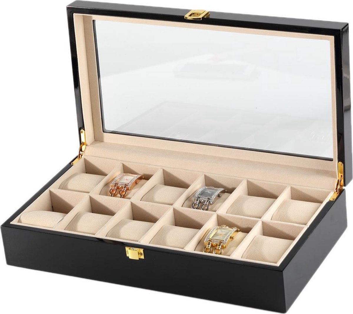 Luxe Horlogedoos - 12 compartimenten met kussentjes - voor mannen en vrouwen horloges zwart - IMPAQT