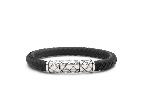 SILK Jewellery - Zilveren Armband - Crossline - 423BLK.19 - zwart leer - Maat 19