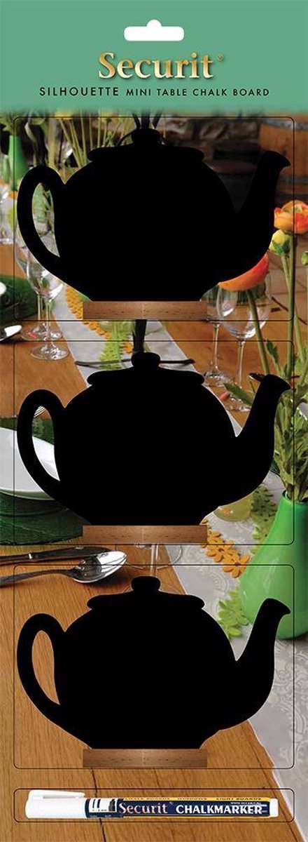 Securit® Set van 3 mini-krijtbordjes met houten voet in de vorm van een theepot, zwart