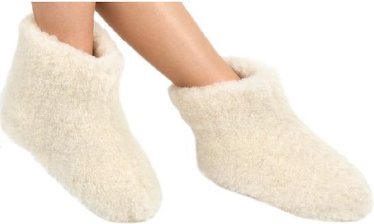 woolwarmers Witte wollen sloffen pantoffels voor dames heren