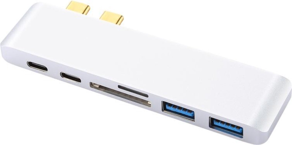 6-in-1 Aluminium multifunctionele 5 Gbps USB-C / Type-C HUB adapter met 2 USB 3.0 poorten en 2 USB-C / Type-C poorten & SD/TF Kaartlezer voor MacBook 2015/2016 / 2017 (zilverkleurig)