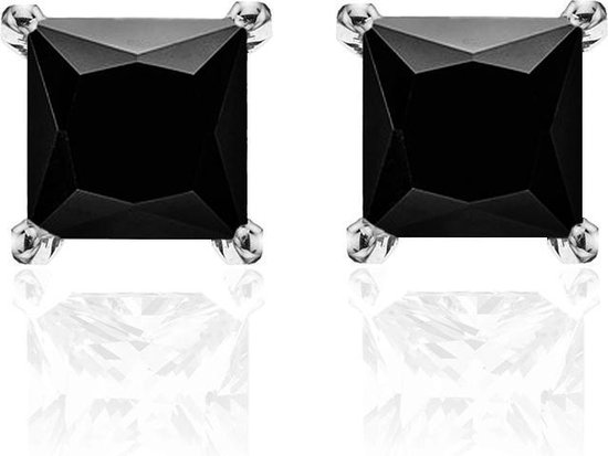 New Bling 9NB 0037 Zilveren oorstekers - zirkonia vierkant 6 mm - zilverkleurig / zwart