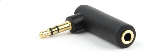 Zwarte haakse 3,5 mm stereo audio adapter met vergulde aansluitingen.