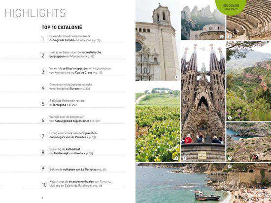 Collage van iconische locaties in Catalonië, waaronder Sagrada Familia en bergen.