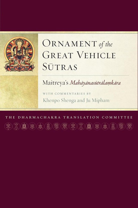 Boekcover 'Ornament of the Great Vehicle Sutras', met een afbeelding van een boeddhistische figuur en tekst.