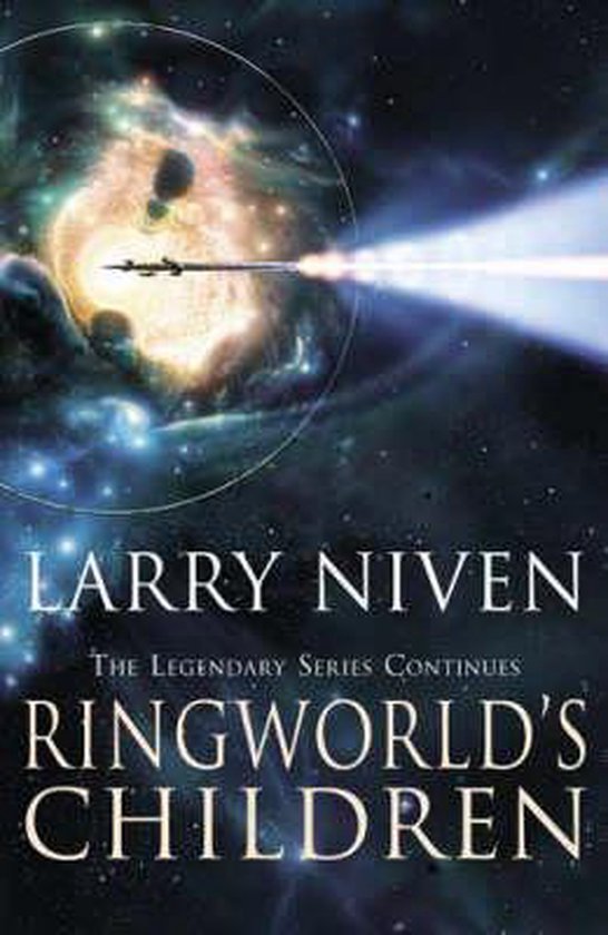 Boekomslag van Ringworld's Children door Larry Niven met een ruimteschip dat door een nevel vliegt.