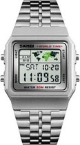 Skmei EL Digitaal Roestvrijstalen - Retro RVS Watch - Worldtime - Sporthorloge  - Alarm - Stopwatch - 30m 5ATM Waterdicht - Zilver