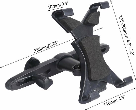 Zwarte tablet houder, 110-200mm breed, met klemsysteem voor autostoel.