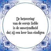 Tegeltje met Spreuk (Tegeltjeswijsheid): De betovering van de eerste liefde is de onwetendheid dat zij een keer kan eindigen + Kado verpakking & Plakhanger