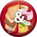 Collage in rode cirkel: verschillende soorten brood, havermout, yoghurt met aardbei, jam, cottage cheese met kruiden en pasta.
