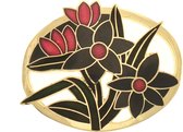Behave® bloemen broche goud-kleur met zwart en rood - emaille sierspeld -  sjaalspeld