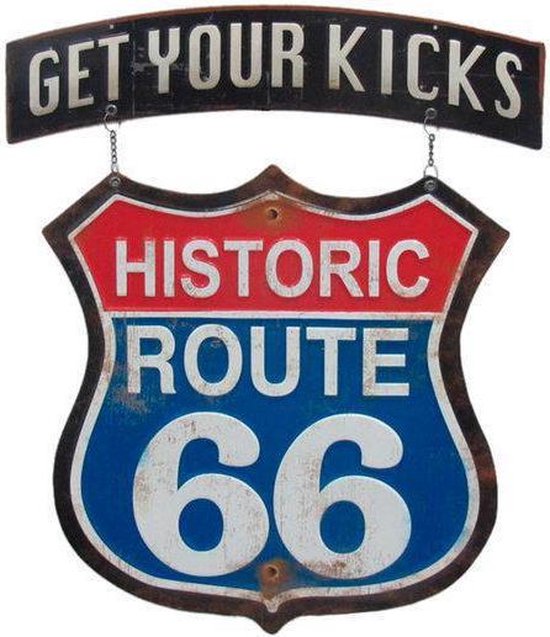 Signs-USA Get Yours Kicks On Route 66 - Retro Wandbord - Metaal - 46x40 cm