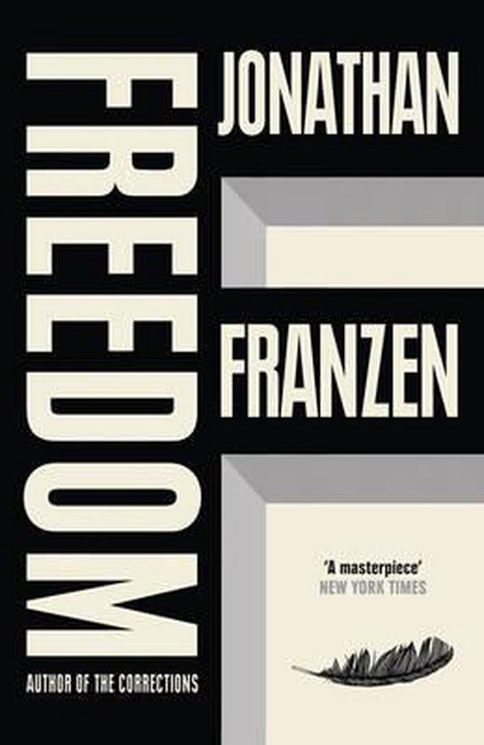 Boek "Freedom" van Jonathan Franzen met grote witte letters op een zwarte achtergrond en een veer.