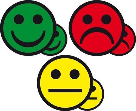Een set met drie magnetische smileys: een groene lachende, een gele neutrale en een rode verdrietige smiley.