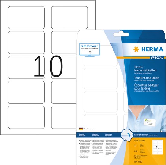 Verpakking HERMA textiel/naamstickers, 80 x 50 mm, met afbeelding van persoon die sticker draagt.