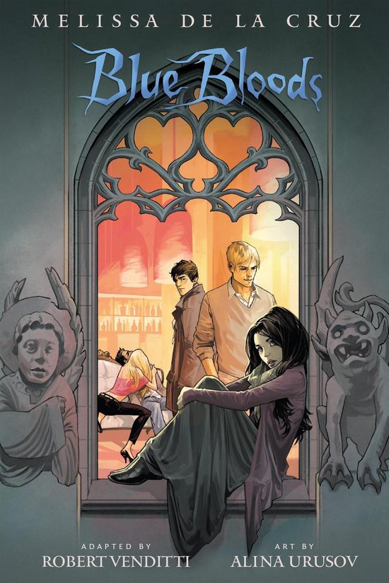 Graphic novel cover 'Blue Bloods' met een vrouw op een vensterbank tussen stenen beelden en jongeren in een club.