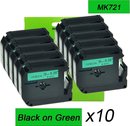10PK MK721 (9mm x 8m) Label Tape Zwart op groen Compatible voor Brother PT-55, PT-60, PT-90, PT-110, BB4, Minitech