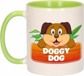 1x Doggy Dog beker / mok - groen met wit - 300 ml keramiek - honden bekers