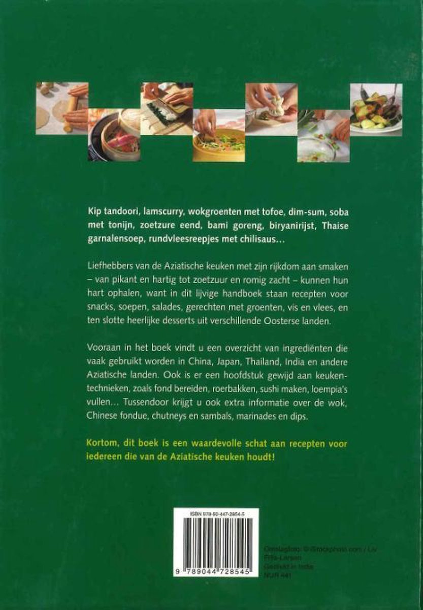 Achterkant van Groot handboek Aziatisch koken, met collage van receptfoto's en tekst.