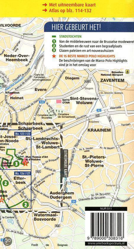 Gedetailleerde kaart van Brussel met verschillende wijken en genummerde bezienswaardigheden.