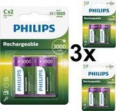 6 Stuks (3 Blisters a 2st) - Philips MultiLife 1.2V C/HR14 3000mah NiMh oplaadbare batterij