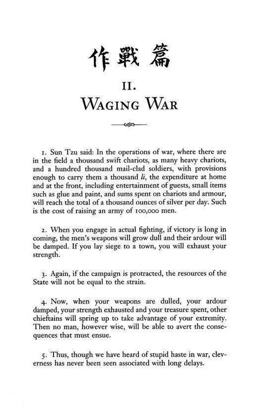 Titelpagina van "The Art of War" met het hoofdstuk "Waging War".