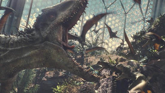 Een Indominus Rex met zijn bek open, omringd door Pterodactyls en andere dinosauriërs in een glazen gebouw.