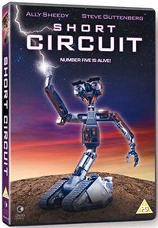 DVD-hoes van Short Circuit met robot Nummer 5, die een bliksemflits vasthoudt.
