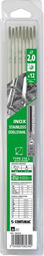 Verpakking met 12 rutil-gecoate elektroden voor roestvrij staal, 2 mm x 350 mm.