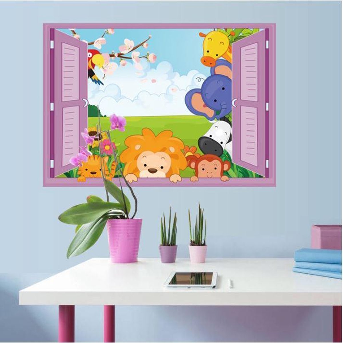 Moderne muursticker – Zachte kleuren – Raam – Leeuw – Olifant – Zebra – Poes – Muurstickers kinderkamer – Babykamer – Accessoires babykamer – Raam – 50 x 70 (lxb) cm