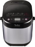 Zilverkleurige broodbakmachine met zwart bedieningspaneel met 20 programma's. Logo Moulinex pain & délices.