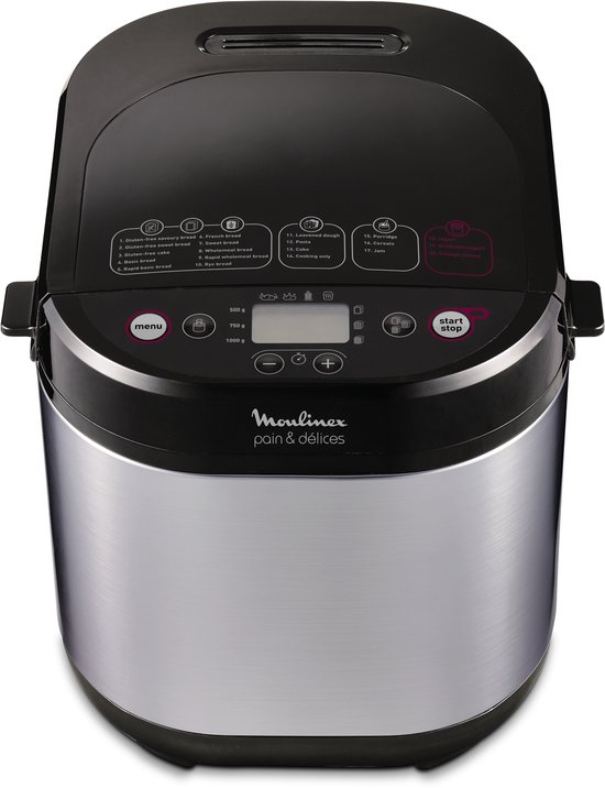 Zilverkleurige broodbakmachine met zwart bedieningspaneel met 20 programma's. Logo Moulinex pain & délices.