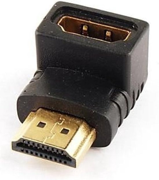 Zwarte HDMI-adapter met haakse connector, mannelijk naar vrouwelijk.
