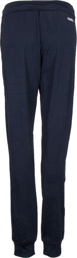 Achterkant donkerblauwe joggingbroek met trekkoord.