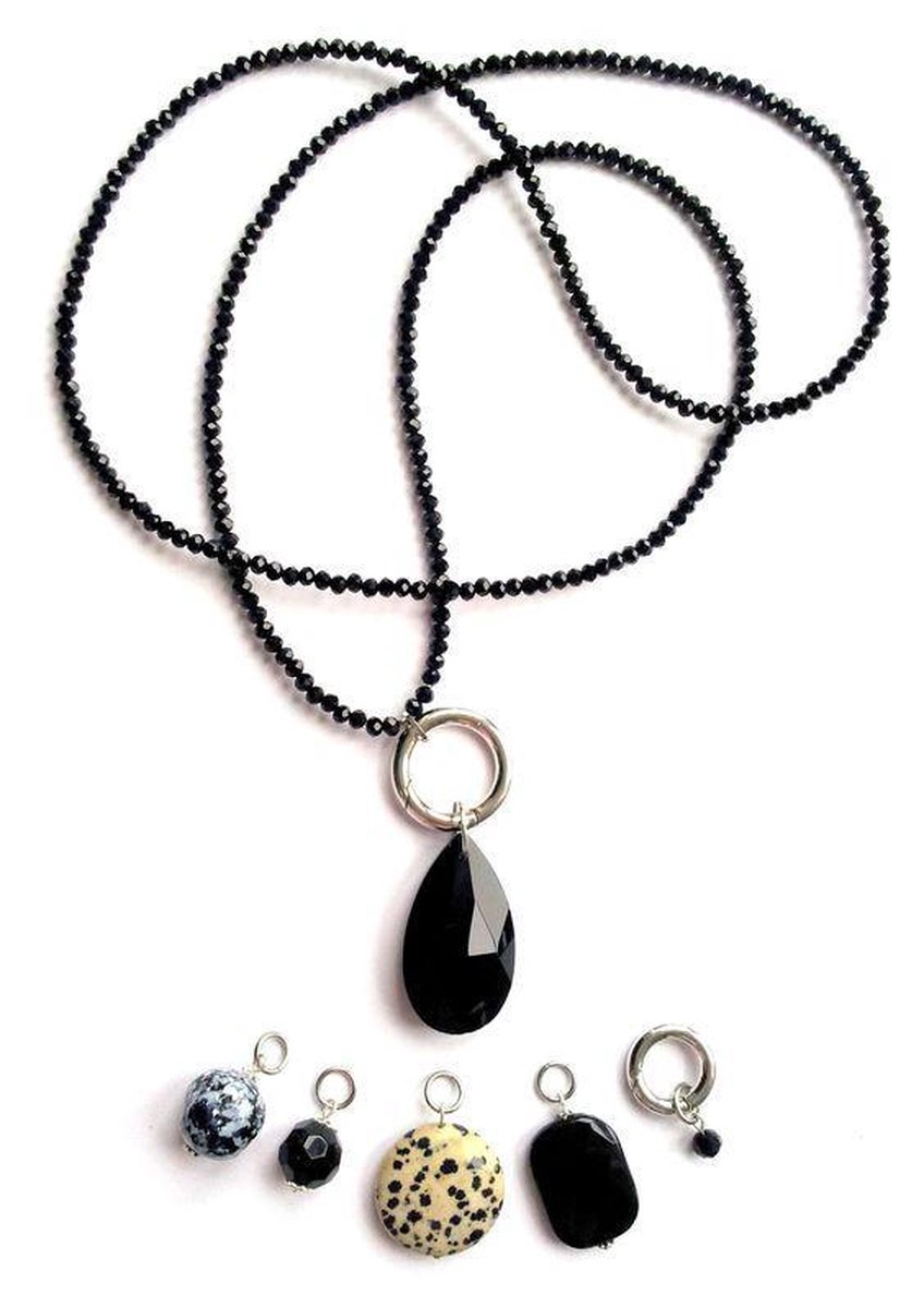 Jewellicious Designs Shiny Black multi ketting - zwart facet fijn met 5 hangers - clip sluiting - zwart zilver beige grijs