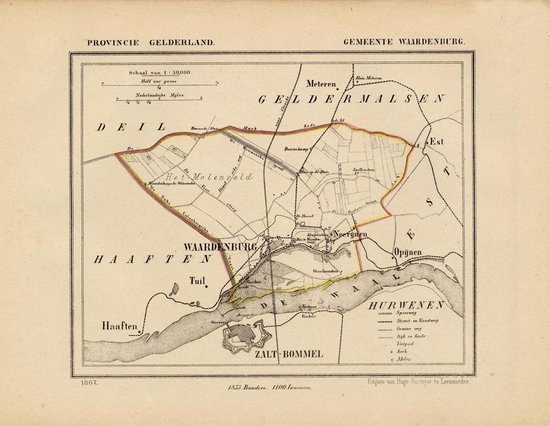 Historische kaart, plattegrond van gemeente Waardenburg in Gelderland uit 1867 door Kuyper van Kaartcadeau.com