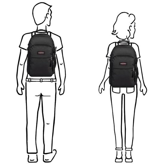 Schematische weergave van een zwarte Eastpak rugzak gedragen door een man en een vrouw.