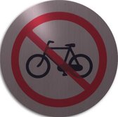 RVS deurbordje pictogram: Verboden fietsen te plaatsen | 5 jaar garantie | ROND 82mm Ø | Zelfklevend | Plakstrip