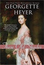 Boekomslag van Georgette Heyer's "These Old Shades" met een schilderij van een jonge vrouw in een roze 18e-eeuwse jurk.