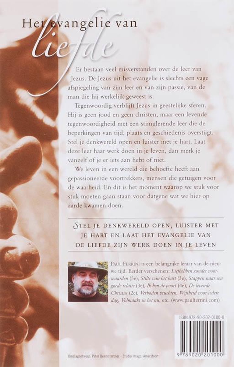 Boekomslag met de tekst 'Herevangelie van liefde'. Rechts een portret van Paul Ferrini.