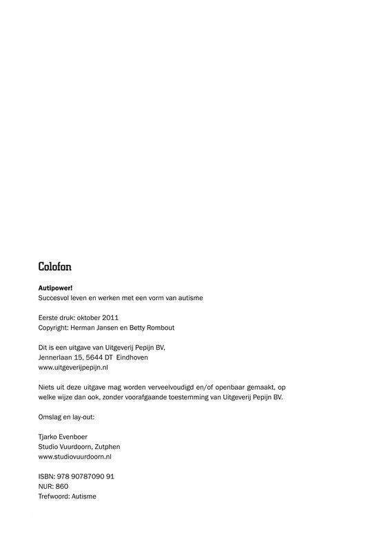 Colofonpagina met informatie over de uitgave van AutiPower!, copyright en contactgegevens.