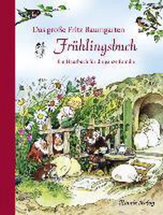 Boekomslag van 'Das große Fritz Baumgarten Frühlingsbuch' met tekeningen van dieren in een lentetuin.