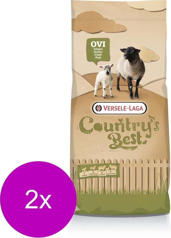 Eén zak Country's Best Ovimash 3 Muesli Schaap met afbeelding van een zwarte volwassen schaap en een wit lam, met paarse '2x' cirkel.